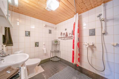 a bathroom with a shower and a toilet and a sink at Midnight sun in Kittilä