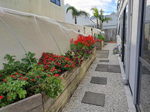 a garden with red flowers and plants on a building at Two rooms with one queen size bed in each room one bathroom for the two rooms in Mount Maunganui