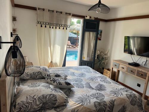 a bedroom with a bed and a tv and a window at Villa Edna in Sainte-Rose
