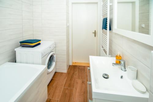 a white bathroom with a washing machine and a sink at Dům u splavu in Karolinka