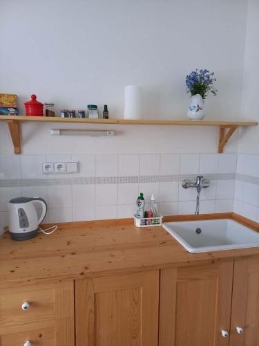 a kitchen with a sink and a counter top at Dům u splavu in Karolinka