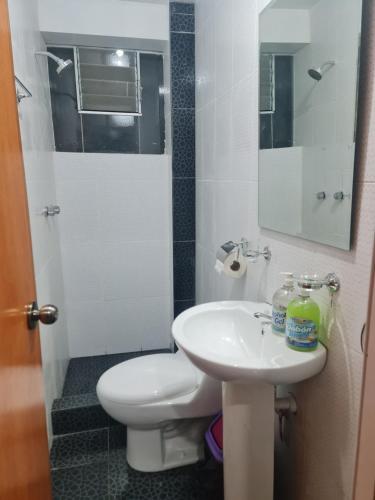 Łazienka z białą toaletą i umywalką w obiekcie Wilder host w mieście Puno