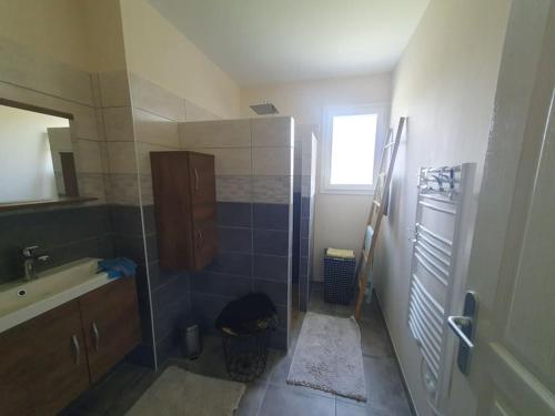 une petite salle de bain avec un lavabo et une douche dans l'établissement Superbe maison neuve - 256, à Soulac-sur-Mer