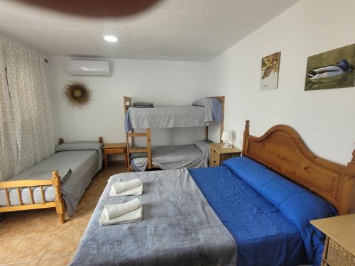 een slaapkamer met 2 bedden met blauwe lakens bij LA LLAR DE LAURA 2 in Amposta