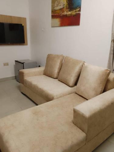 ein Wohnzimmer mit einem Sofa und einem Flachbild-TV in der Unterkunft Zek’s Place in Ikeja