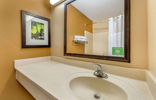 a bathroom with a sink and a large mirror at Extended Stay America Suites - Minneapolis - Maple Grove in Maple Grove