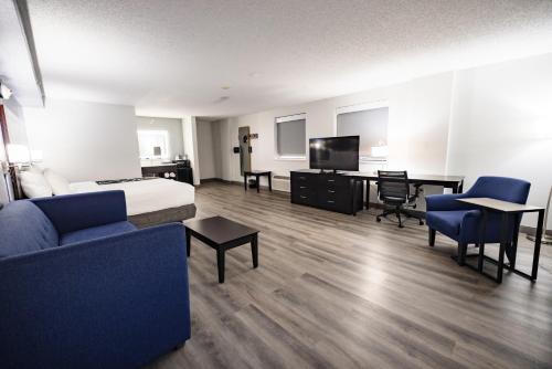 a hotel room with a bed and a couch and a desk at La Quinta Inn by Wyndham Tampa Near Busch Gardens in Tampa