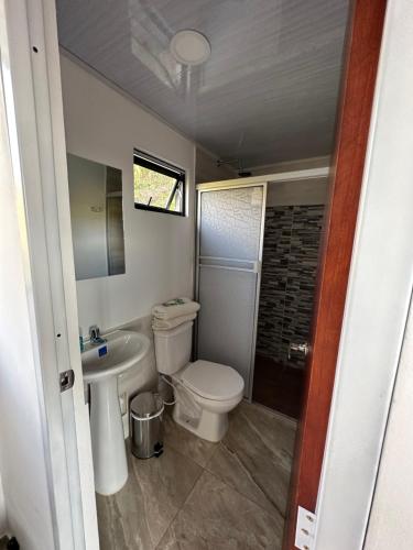 ein kleines Bad mit WC und Waschbecken in der Unterkunft Cabañas Bellavista La Vega in La Vega