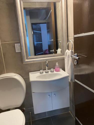 a bathroom with a sink and a toilet and a mirror at Paseo Costero Apart in Comodoro Rivadavia