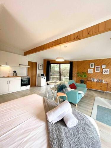 コールズ・ベイにあるThe Coles Bay Studio - Freycinetの広いリビングルーム(ソファ付)、キッチンが備わります。