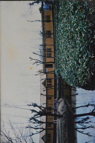 a painting of a tree next to a building at Kings Houseboats in Srinagar