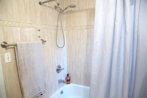 a bathroom with a shower curtain and a bath tub at BrightonBeach-Big Room3-5m to Ocean in Brooklyn