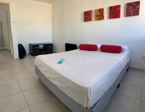 a bedroom with a bed with two red pillows on it at Lo de Bruno in General Roca