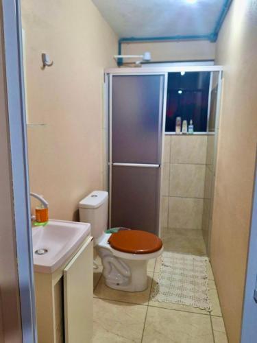 a small bathroom with a toilet and a shower at Pousada JP in Vila Nova do Sul