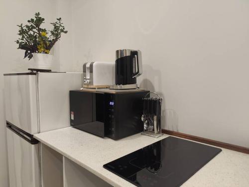 un forno a microonde seduto sopra un bancone della cucina di Short-long term Private Smart modern studio a Jamboree Heights