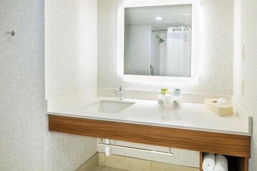 a bathroom with a sink and a mirror at Holiday Inn Express Woodbridge by IHG in Avenel