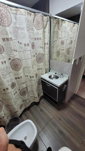 a bathroom with a sink and a shower curtain at Almagro in Buenos Aires