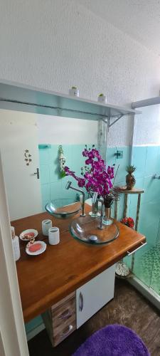 um balcão com dois lavatórios e um vaso de flores em Apartamento na Serra em Teresópolis