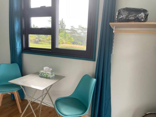 een tafel en 2 stoelen in een kamer met een raam bij Bungalow Tiny House Puunui in Katiro
