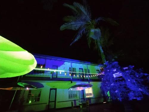 un edificio con una palma e un edificio con luci blu di Hotel Rural Jardín a Jardin