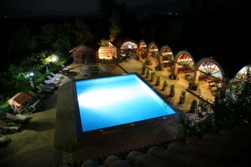 a large swimming pool in the middle of a yard at night at Hotel Villa Ofir in Sandanski
