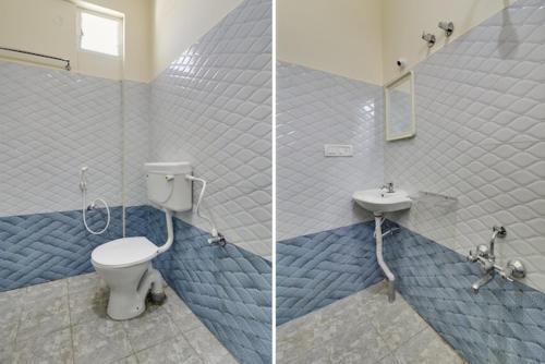 twee foto's van een badkamer met toilet en wastafel bij Anjana residency in Bangalore