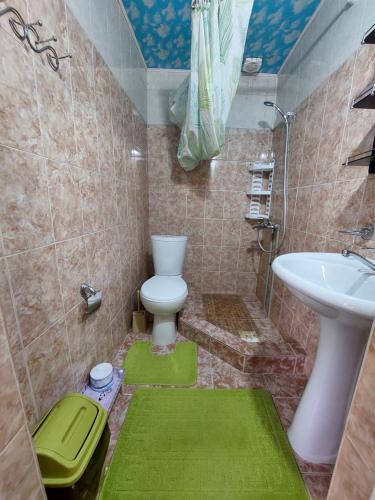 a bathroom with a toilet and a sink and green mats at Rahat Guesthouse in Dzhergalan
