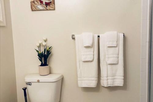 baño con toallas blancas y aseo en Studio in the heart of Rockville, en Rockville