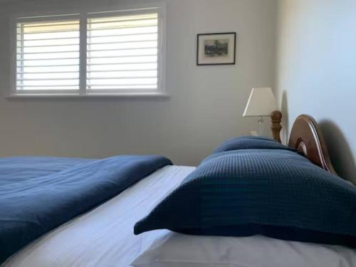 a bedroom with a bed with blue pillows and a window at Beauchamp Beauty - Loft apartment in Albany