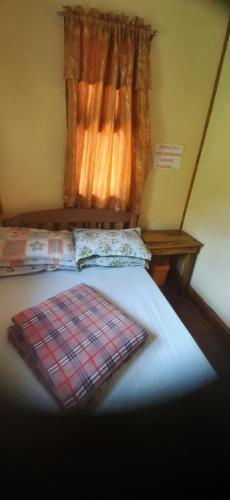 Una cama en una habitación con una ventana con una manta. en Hiker's Homestay, en Banaue