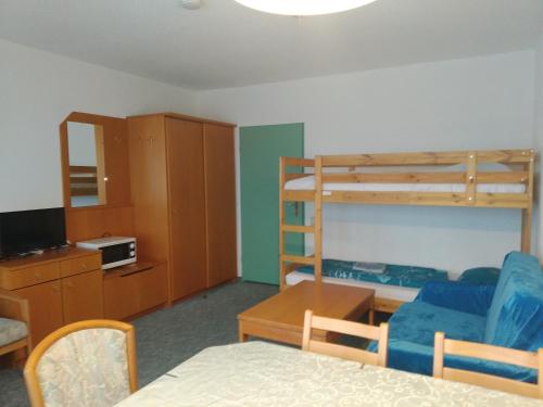 um quarto com uma cama e um beliche em Mezonet Almberg Apartmany JaJ em Mitterfirmiansreut