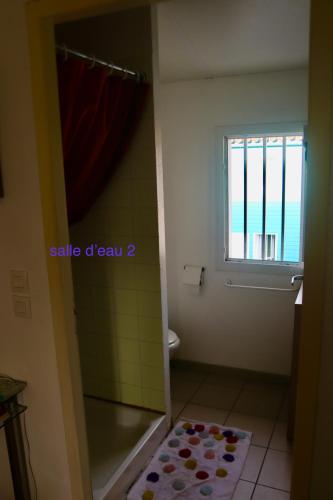 une salle de bain avec douche et toilettes et une fenêtre dans l'établissement Près des claires, au Château-dʼOléron
