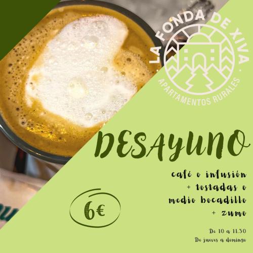 a flyer for a restaurant with a cup of coffee at La Fonda de Xiva in Chiva de Morella