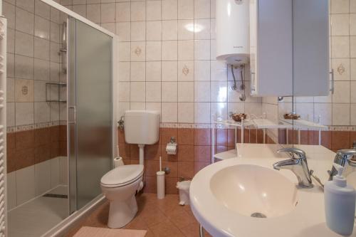 La salle de bains est pourvue de toilettes, d'un lavabo et d'une douche. dans l'établissement Appartmani Punta, à Umag