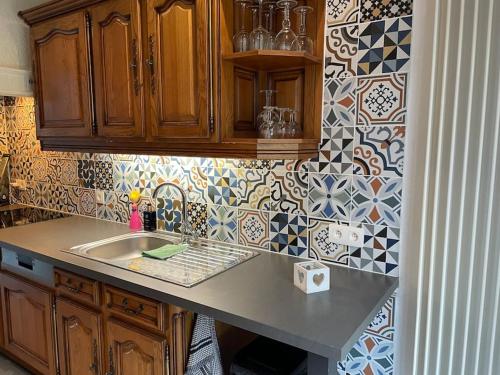 a kitchen with a sink and a tile wall at Villa Les Hauts de Heusy in Verviers