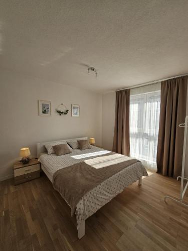 a bedroom with a bed and a large window at Apartman 33 in Kiseljak