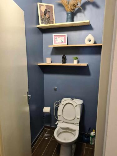 La salle de bains est pourvue de toilettes dans un mur bleu. dans l'établissement L’Oasis Fleuri, à Bourg-de-Péage