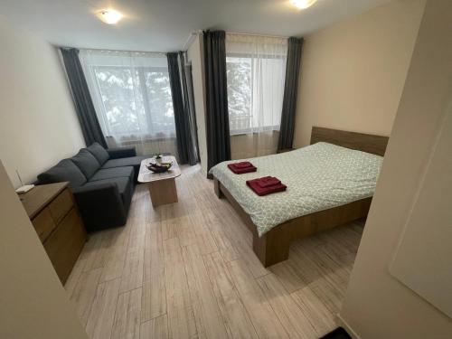 um pequeno quarto com uma cama e um sofá em Borovets gardens Studios A11&A12 em Borovets