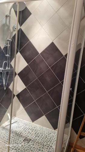 a shower with a black and white tiled wall at La Bar La Bonne in Barbonne-Fayel