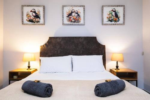 sypialnia z łóżkiem z 2 stolikami nocnymi i 2 lampami w obiekcie The Puffin's Nest w mieście Hilton