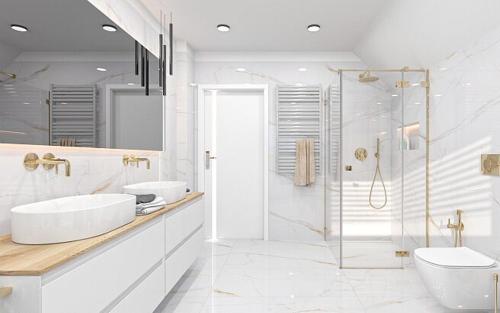 uma casa de banho branca com 2 lavatórios e um chuveiro em HANZA TOWER Apartments White Sky 16 to 26th floor POOL & SPA em Szczecin