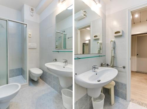 two images of a bathroom with two sinks and a toilet at MARITTIMO Riccione - H Clipper in Riccione