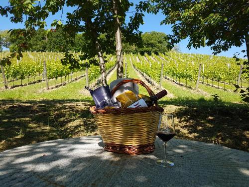 a basket of wine and a glass of wine at Officina del Sole in Montegiorgio