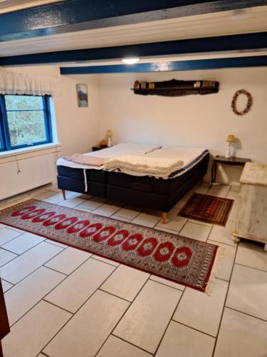 a bedroom with a bed and a rug on the floor at Rødsten Gæstegård in Ulfborg