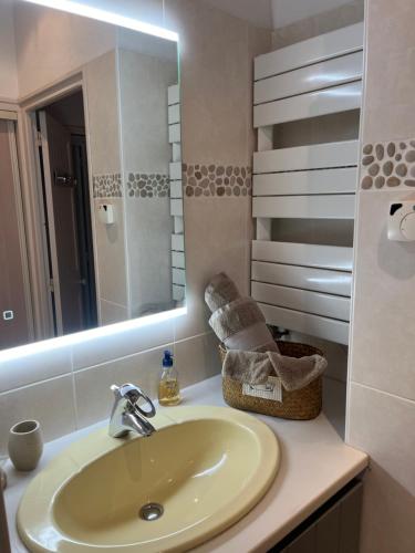 a bathroom with a sink and a mirror at Les Chênes Verts in Le Grand Vieil
