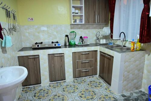 a kitchen with a sink and a counter top at THE PINGS BNB in Narok