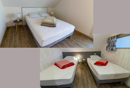 2 camas en una habitación pequeña con almohadas rojas. en Bruay la B appart 4 p, en Bruay-la-Buissiere