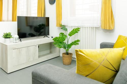 uma sala de estar com uma televisão, um sofá e uma planta em San Felice Residence em Bolonha