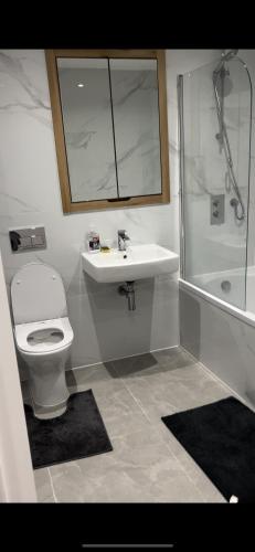 a bathroom with a toilet and a sink and a shower at Spacious 2 Bed Ilford London in Ilford