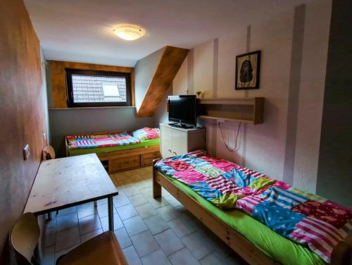 a room with two beds and a tv in it at Bea's Monteurzimmer in Seckach